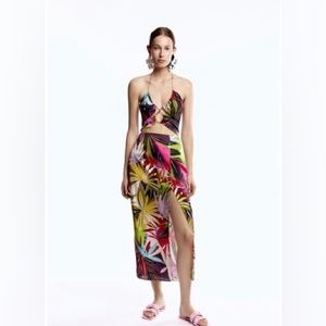 ZARA Tropical Print Cut out Dress Multicolored (small) slit